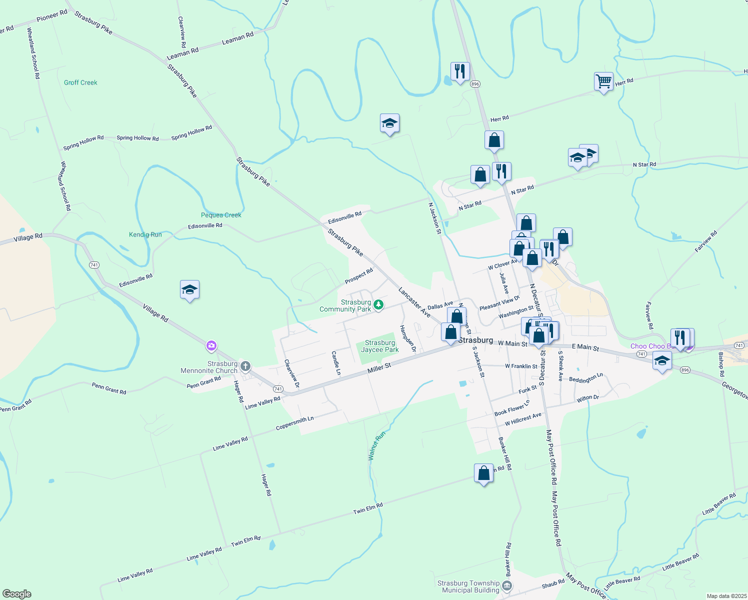 map of restaurants, bars, coffee shops, grocery stores, and more near 8 David Bair Circle in Strasburg