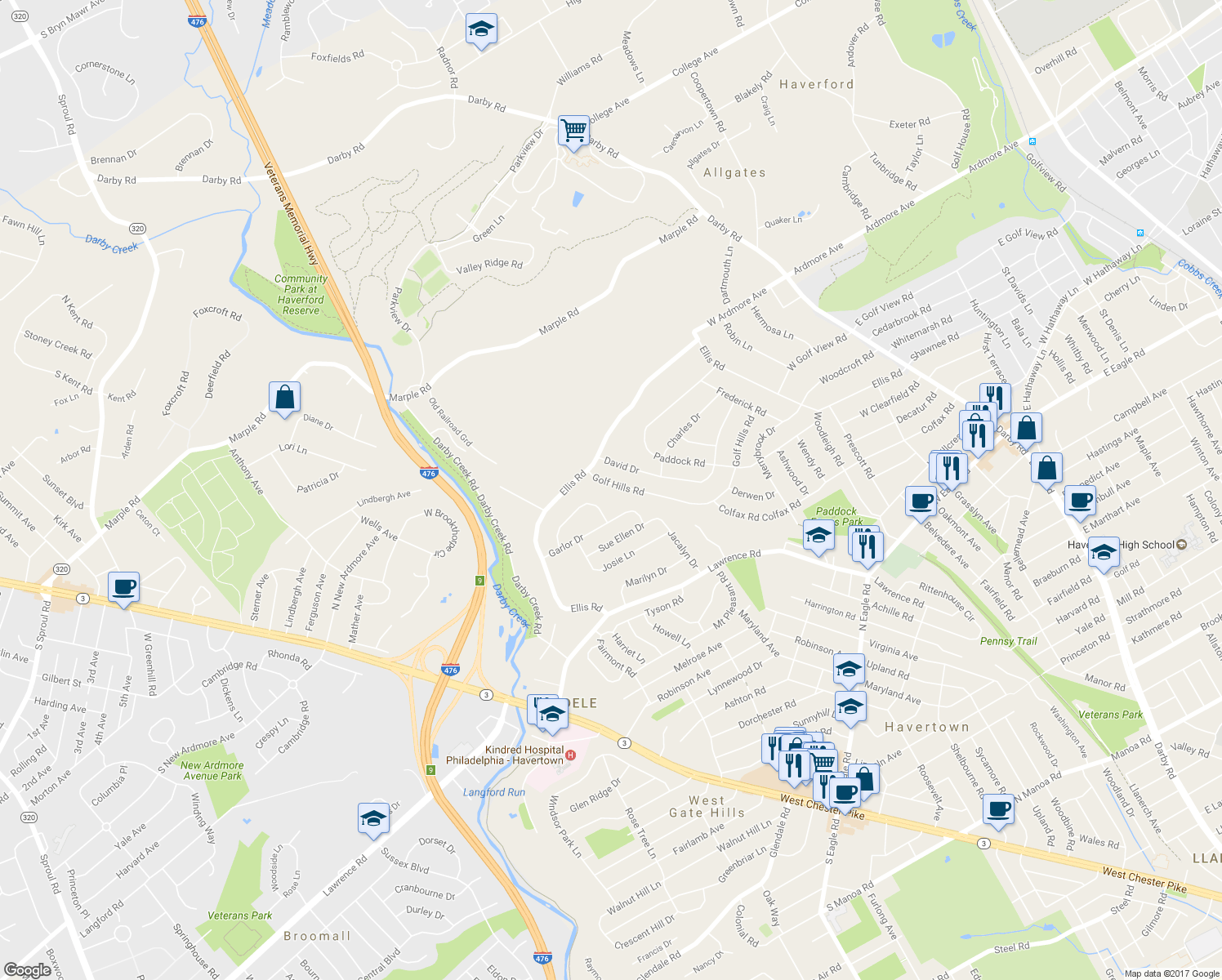 map of restaurants, bars, coffee shops, grocery stores, and more near 329 Golf Hills Road in Havertown