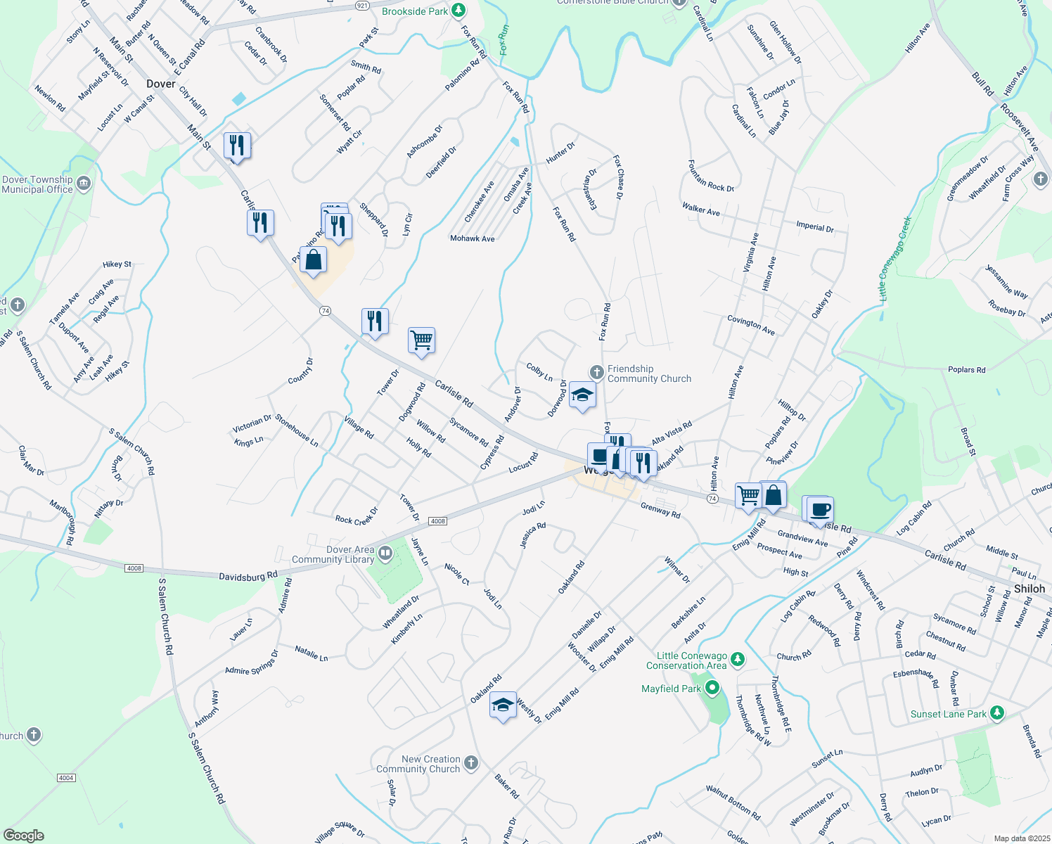 map of restaurants, bars, coffee shops, grocery stores, and more near 2178 Dorwood Drive in Dover