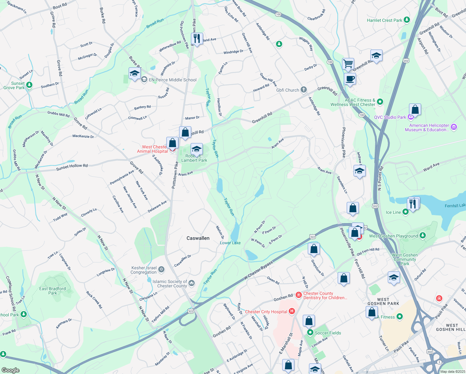 map of restaurants, bars, coffee shops, grocery stores, and more near 416 Armstrong Drive in West Chester