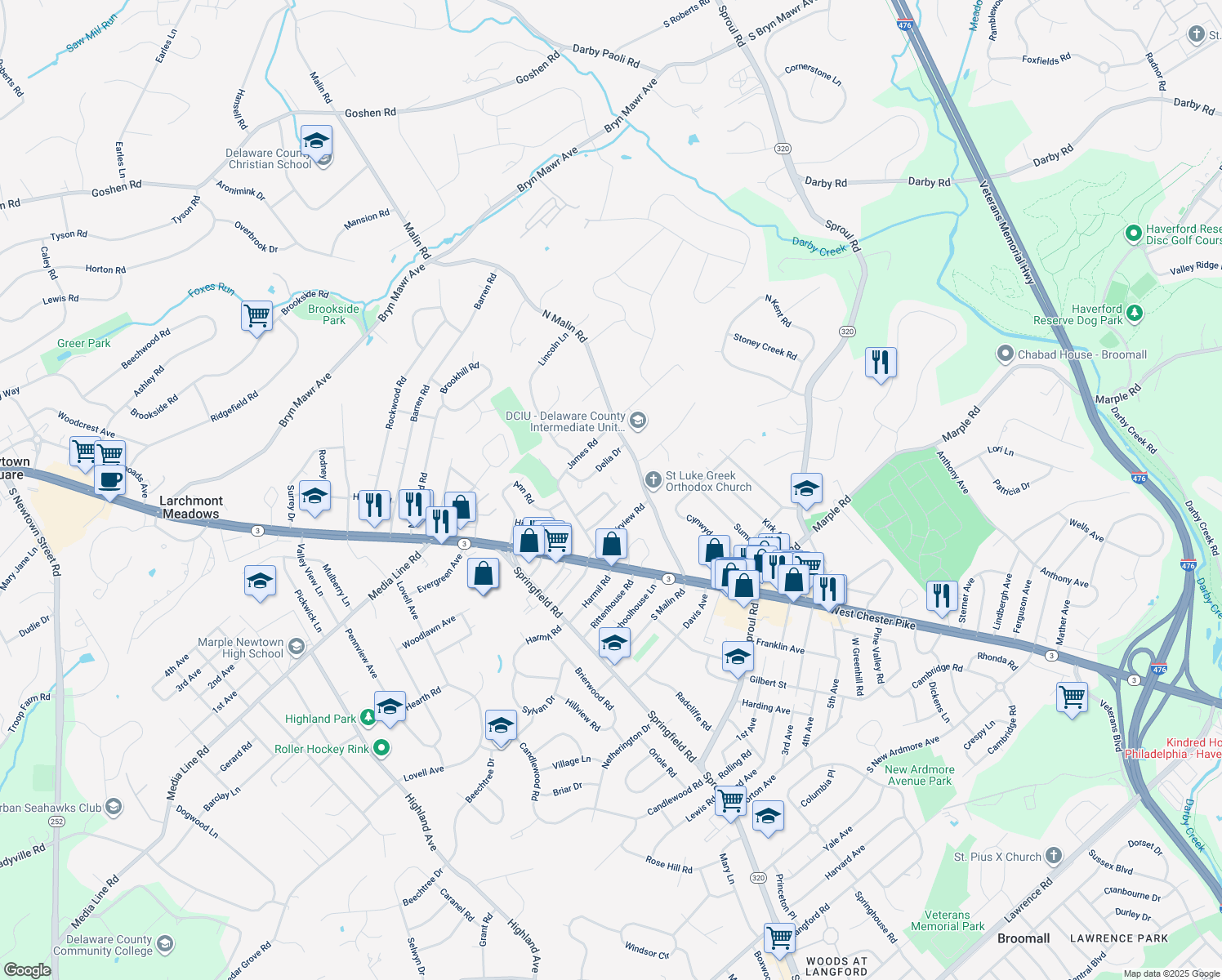 map of restaurants, bars, coffee shops, grocery stores, and more near 40 Hillside Road in Broomall
