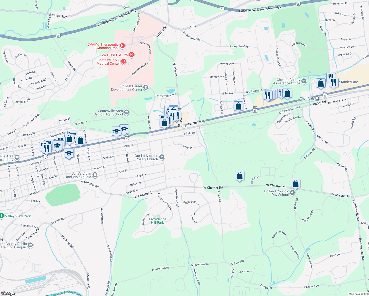 map of restaurants, bars, coffee shops, grocery stores, and more near 304 Eliot Circle in Coatesville