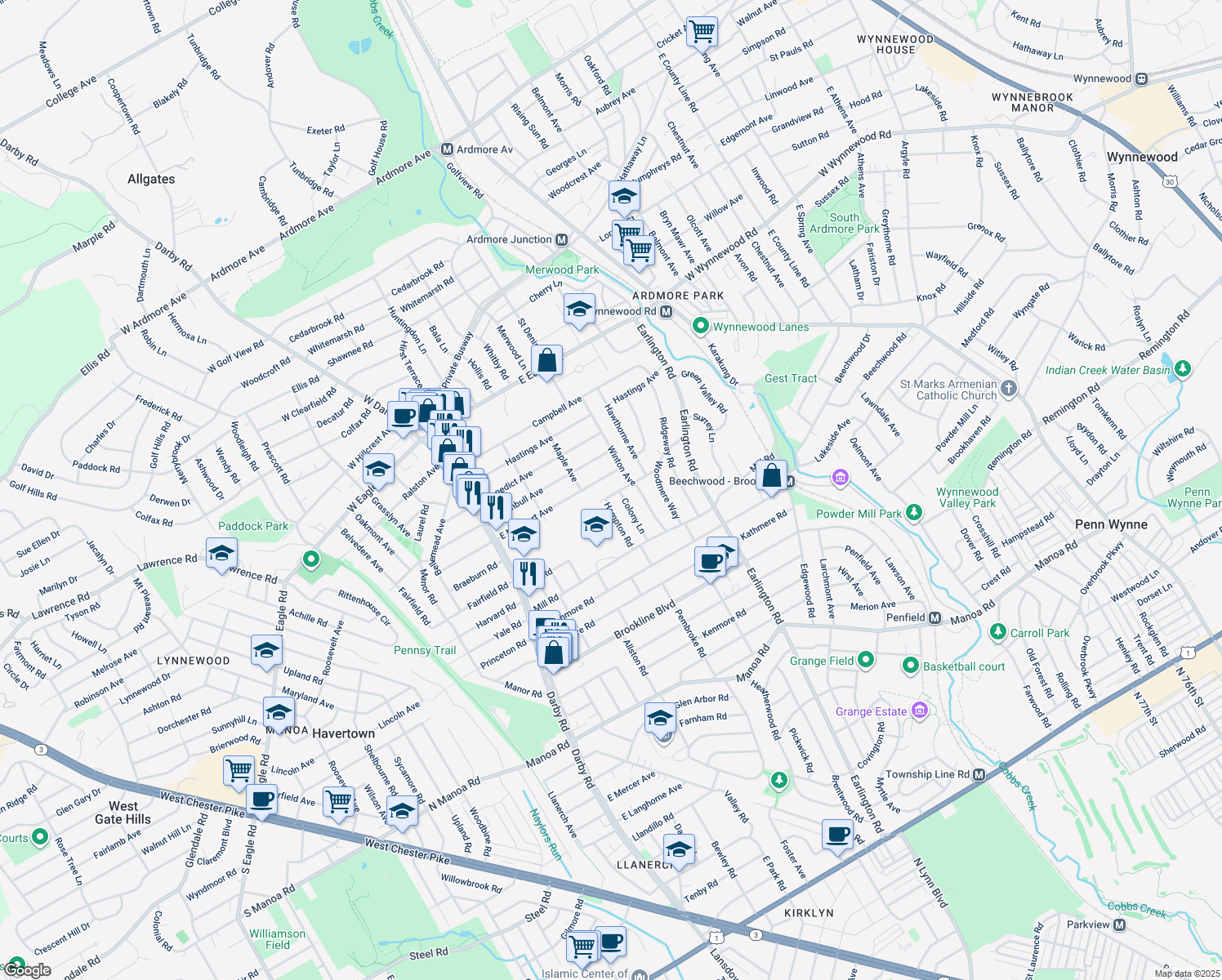 map of restaurants, bars, coffee shops, grocery stores, and more near 214 Edgehill Drive in Havertown