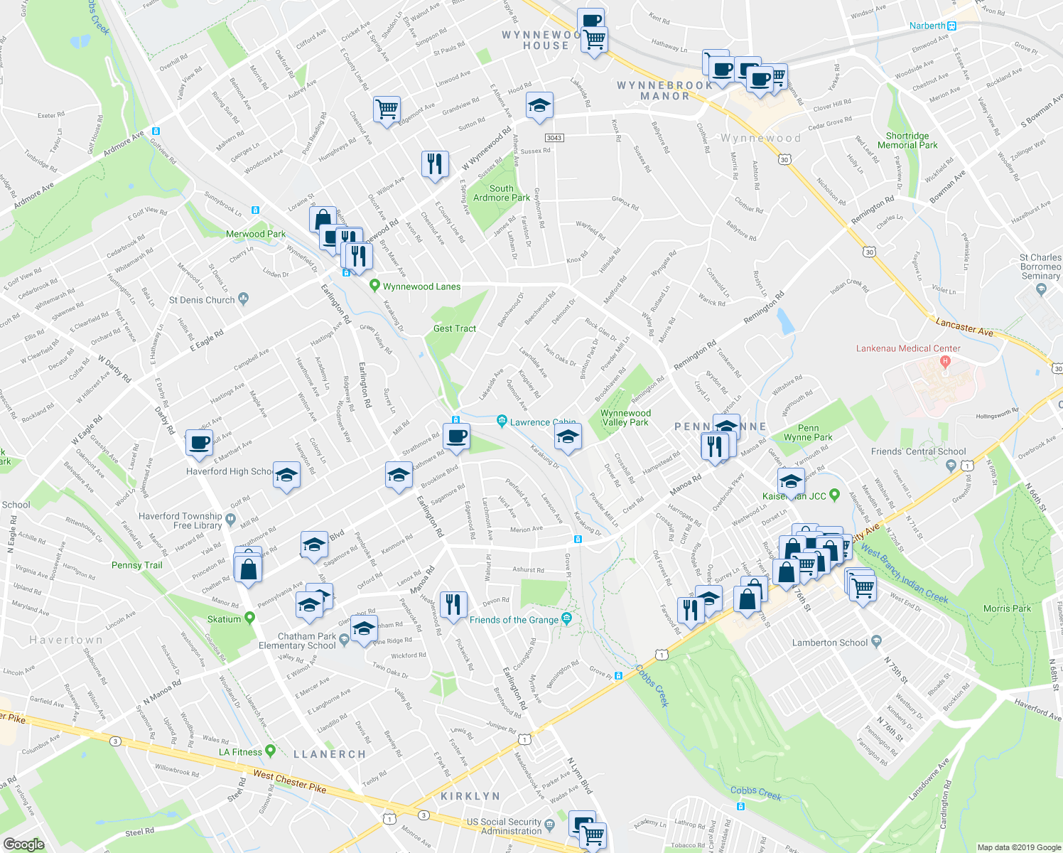map of restaurants, bars, coffee shops, grocery stores, and more near 1310 Delmont Avenue in Havertown