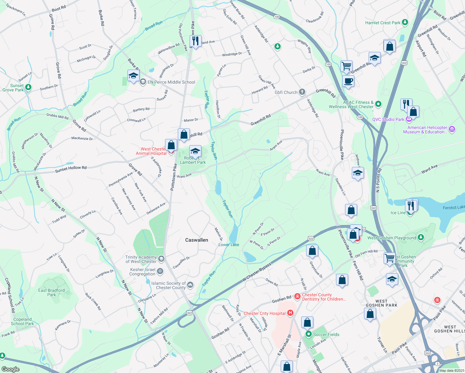 map of restaurants, bars, coffee shops, grocery stores, and more near in West Chester