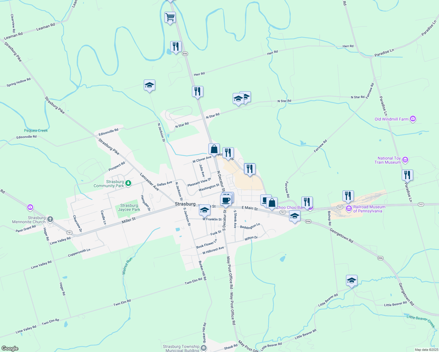 map of restaurants, bars, coffee shops, grocery stores, and more near 219 North Decatur Street in Strasburg