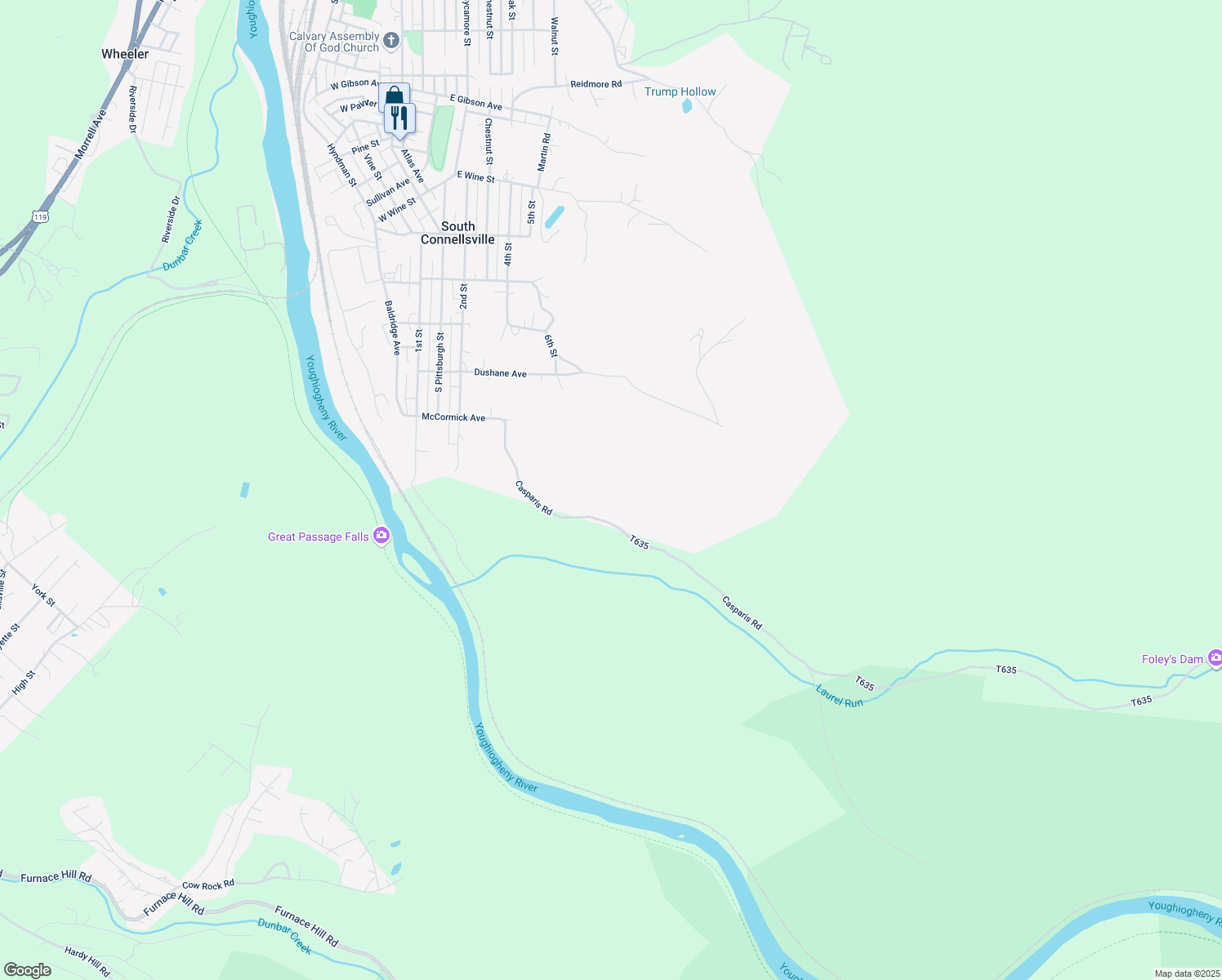 map of restaurants, bars, coffee shops, grocery stores, and more near 103 Casparis Road in Connellsville