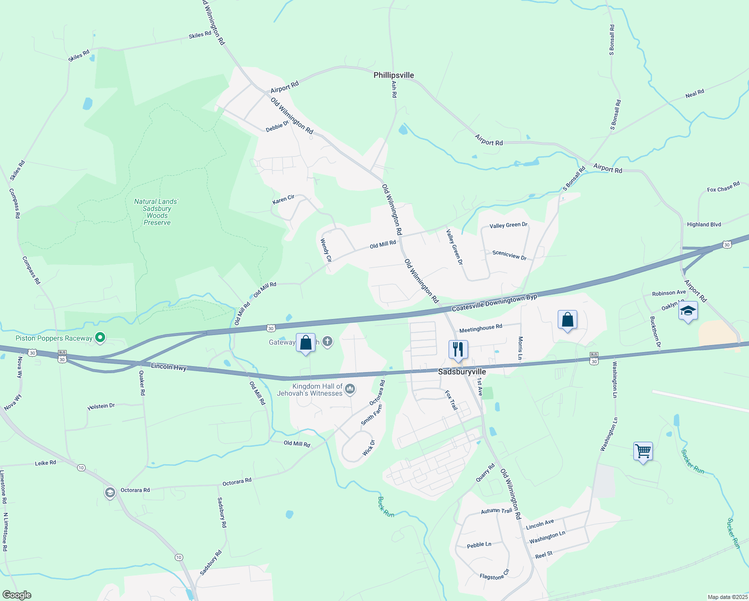 map of restaurants, bars, coffee shops, grocery stores, and more near 64 Frederick Road in Coatesville