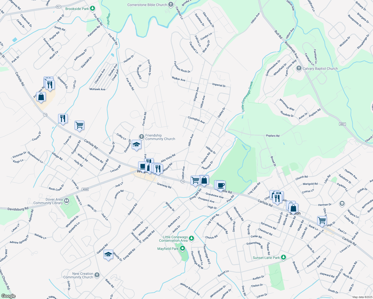 map of restaurants, bars, coffee shops, grocery stores, and more near 3110 Alta Vista Road in Dover