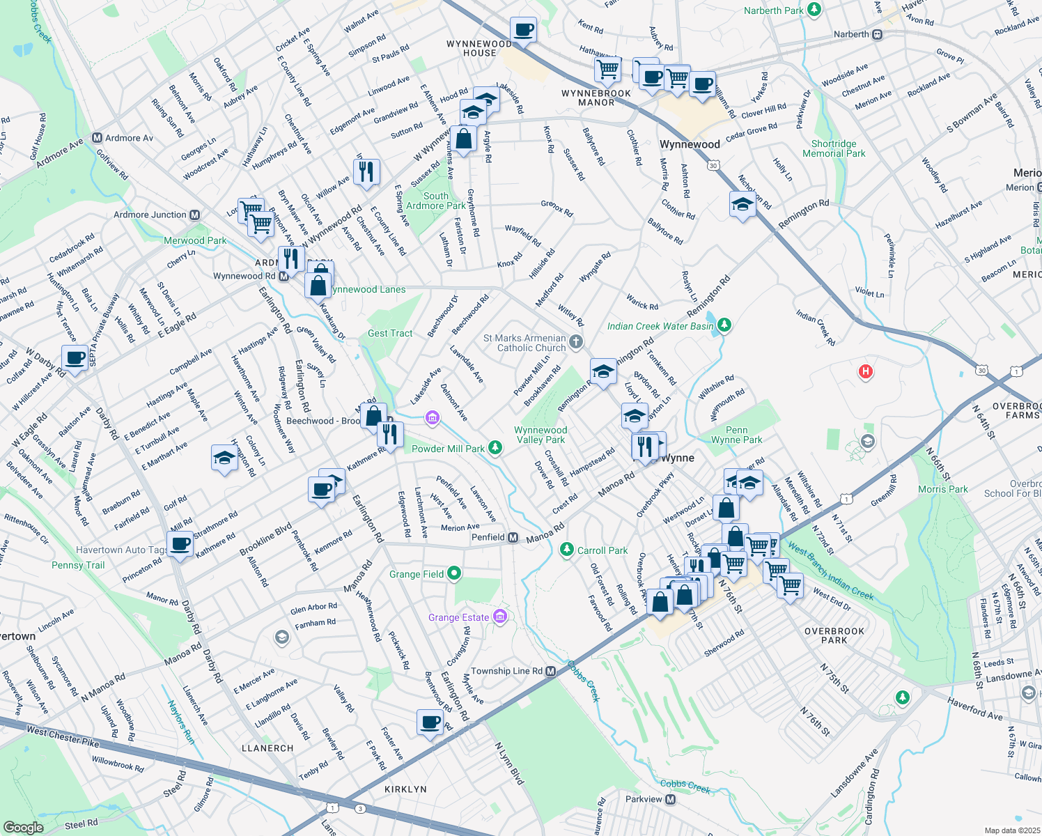 map of restaurants, bars, coffee shops, grocery stores, and more near 1628 Brookhaven Road in Penn Wynne