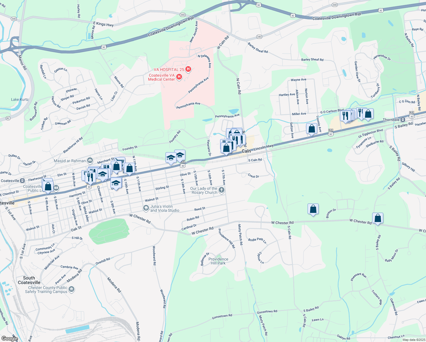 map of restaurants, bars, coffee shops, grocery stores, and more near 1604 Olive St in Coatesville