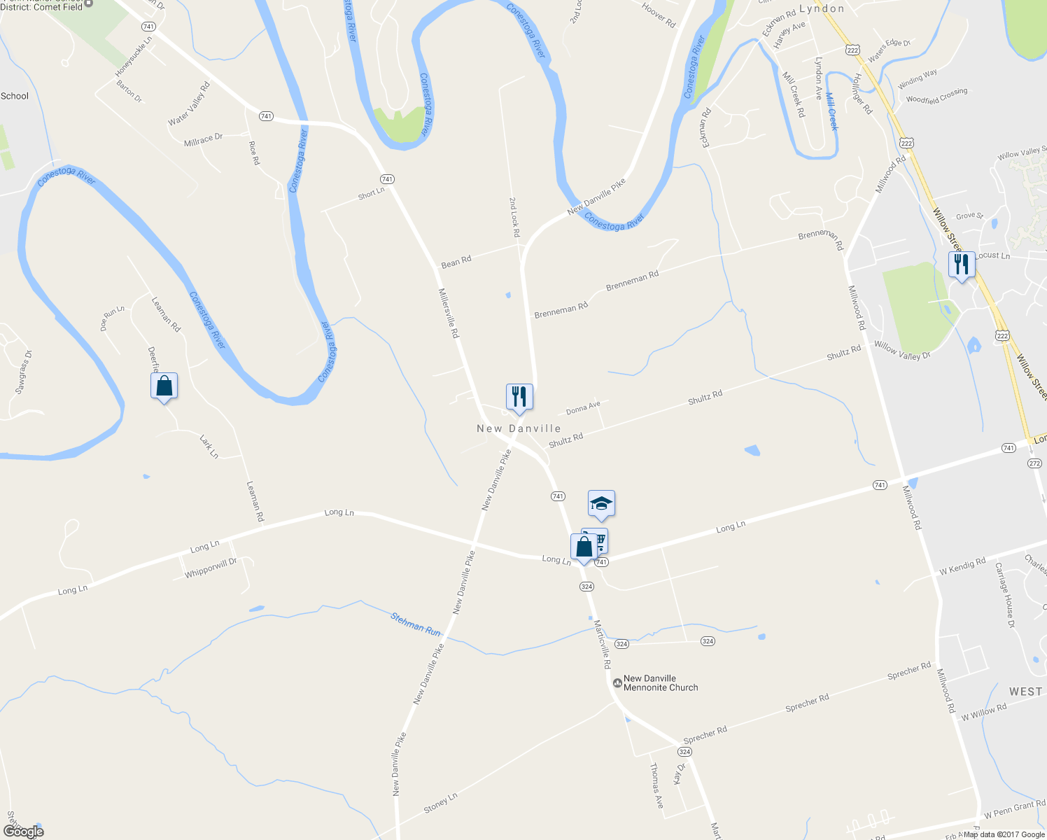 map of restaurants, bars, coffee shops, grocery stores, and more near 2093 New Danville Pike in Lancaster