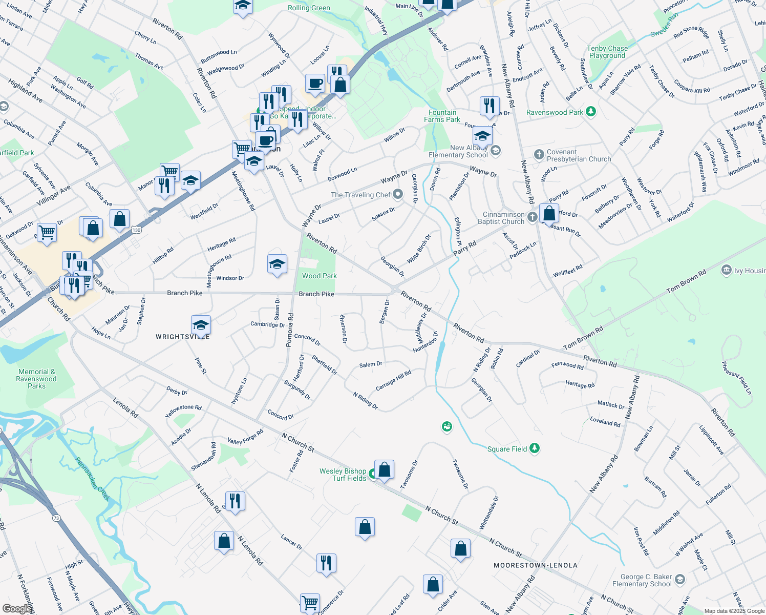 map of restaurants, bars, coffee shops, grocery stores, and more near 708 Bergen Drive in Cinnaminson