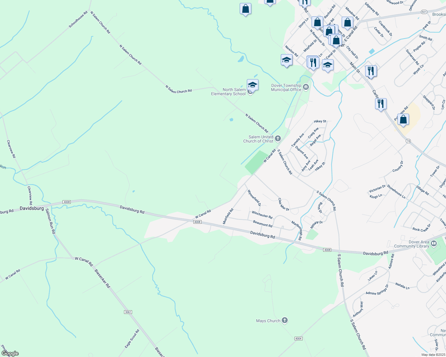 map of restaurants, bars, coffee shops, grocery stores, and more near 3025 West Canal Road in Dover