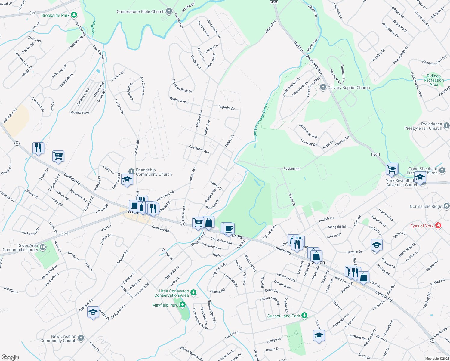 map of restaurants, bars, coffee shops, grocery stores, and more near 1920 Poplars Road in York