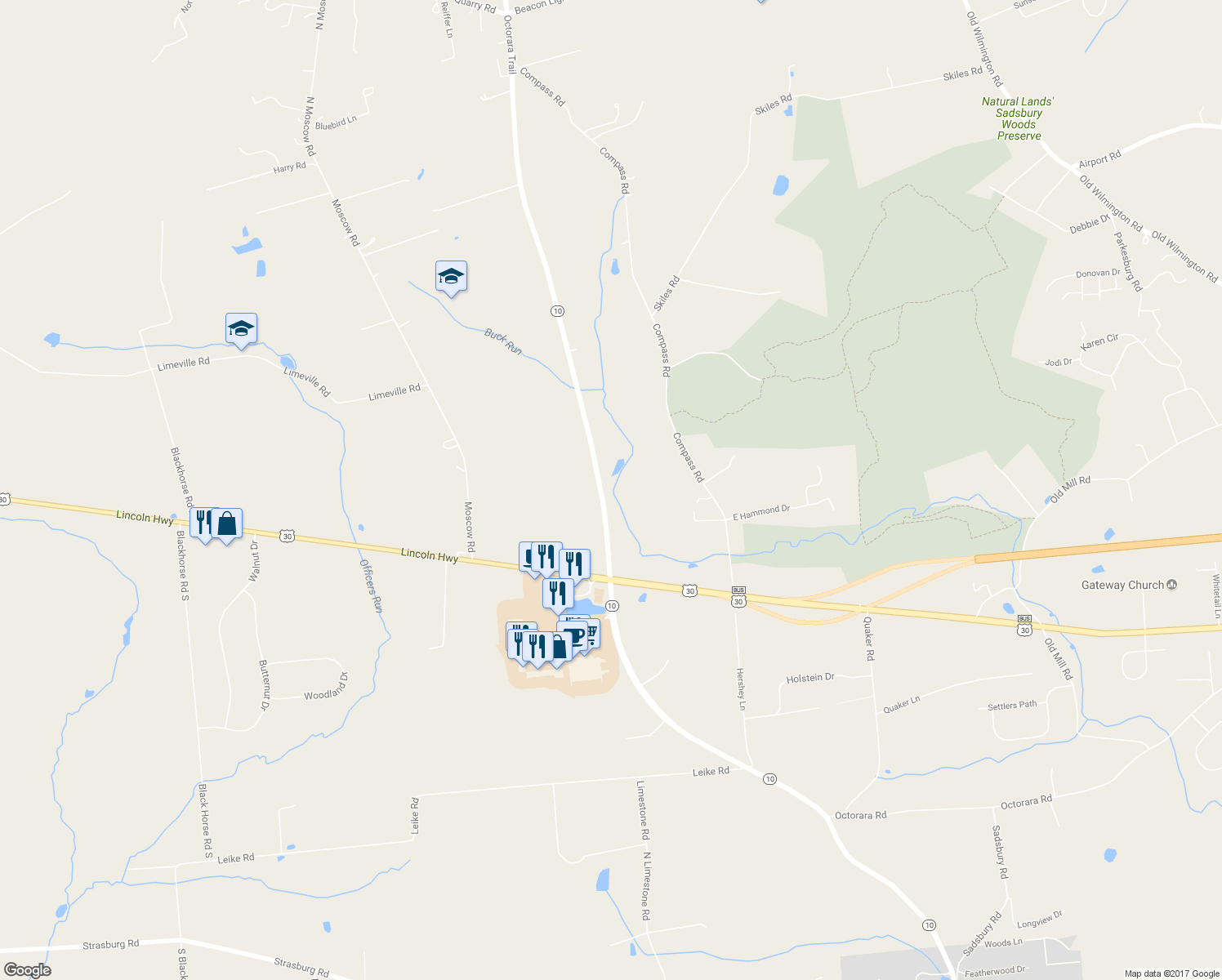 map of restaurants, bars, coffee shops, grocery stores, and more near 802 Octorara Trail in Parkesburg