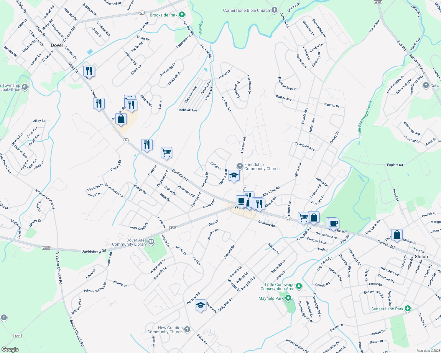 map of restaurants, bars, coffee shops, grocery stores, and more near 3313 Groton Lane in Dover