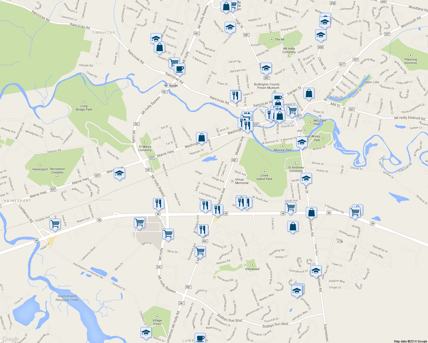 map of restaurants, bars, coffee shops, grocery stores, and more near 136 Comfort Avenue in Mount Holly