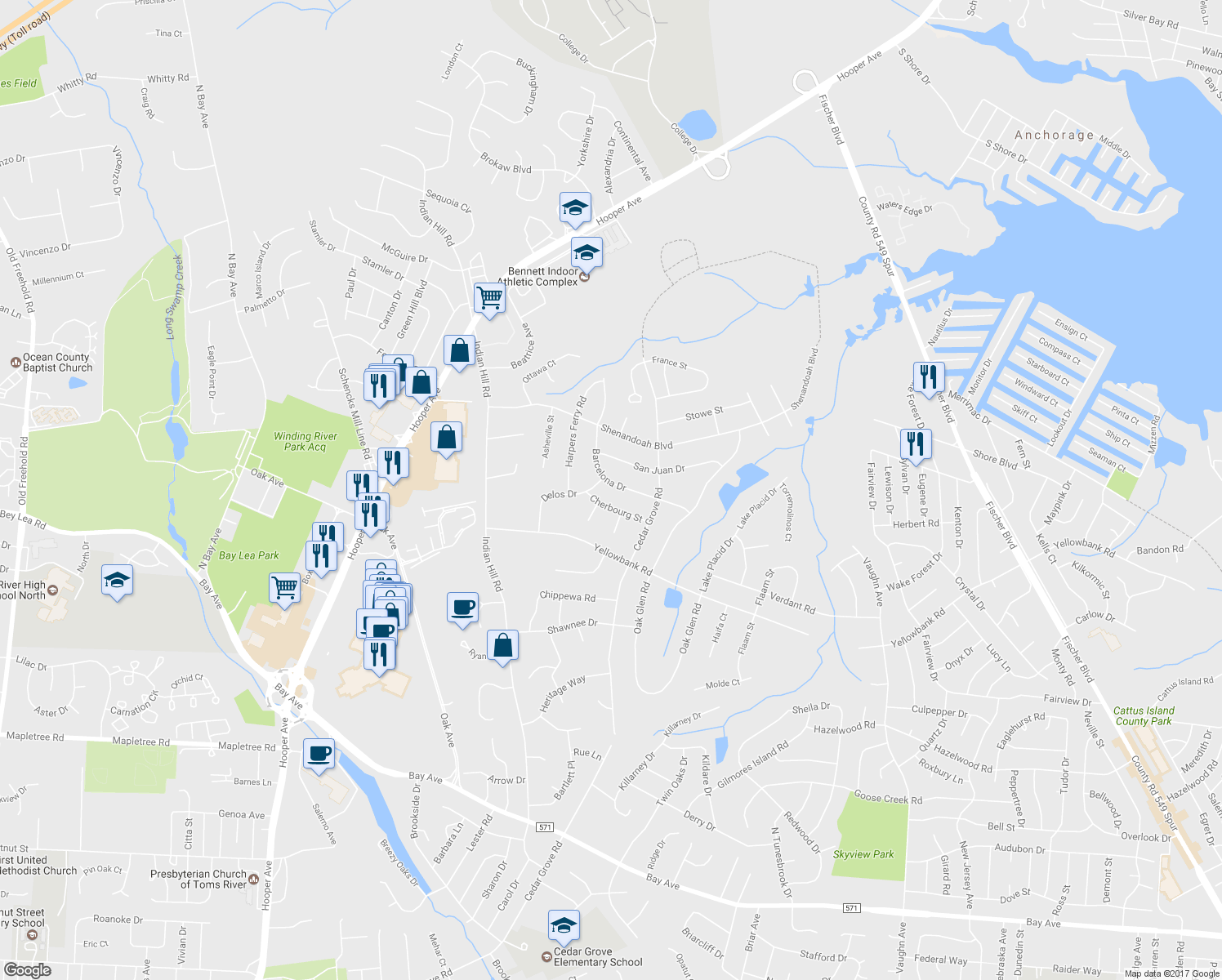 map of restaurants, bars, coffee shops, grocery stores, and more near 328 Barcelona Drive in Toms River