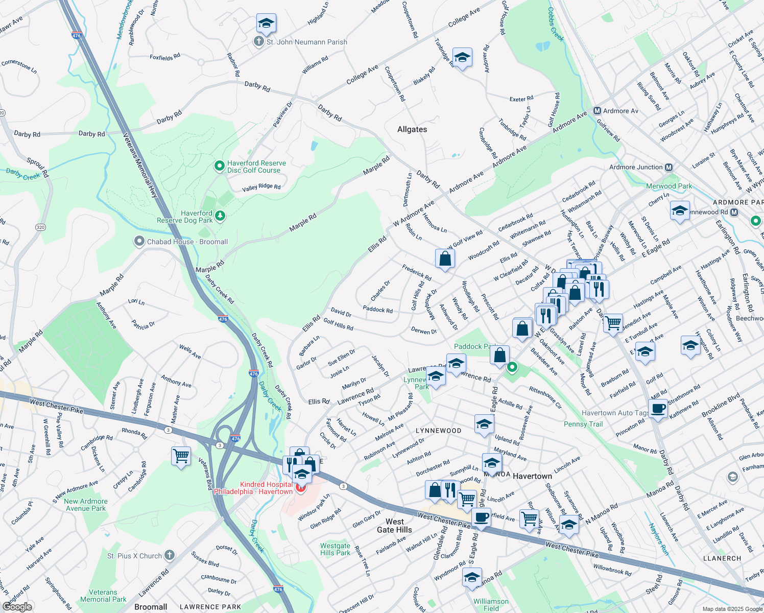 map of restaurants, bars, coffee shops, grocery stores, and more near 524 Paddock Road in Havertown