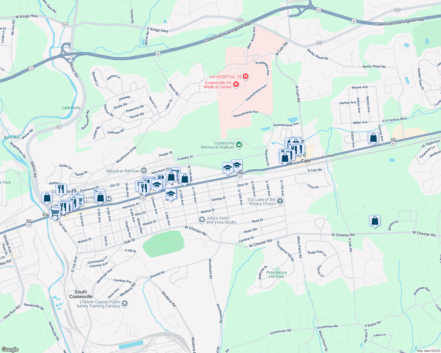 map of restaurants, bars, coffee shops, grocery stores, and more near 1253 East Lincoln Highway in Coatesville
