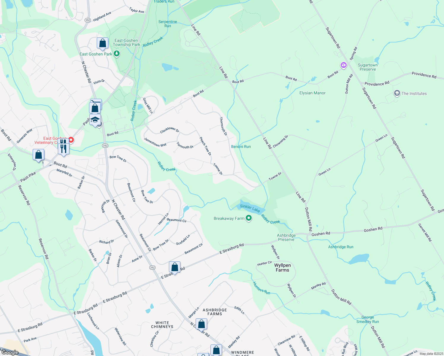 map of restaurants, bars, coffee shops, grocery stores, and more near 1729 Towne Drive in West Chester