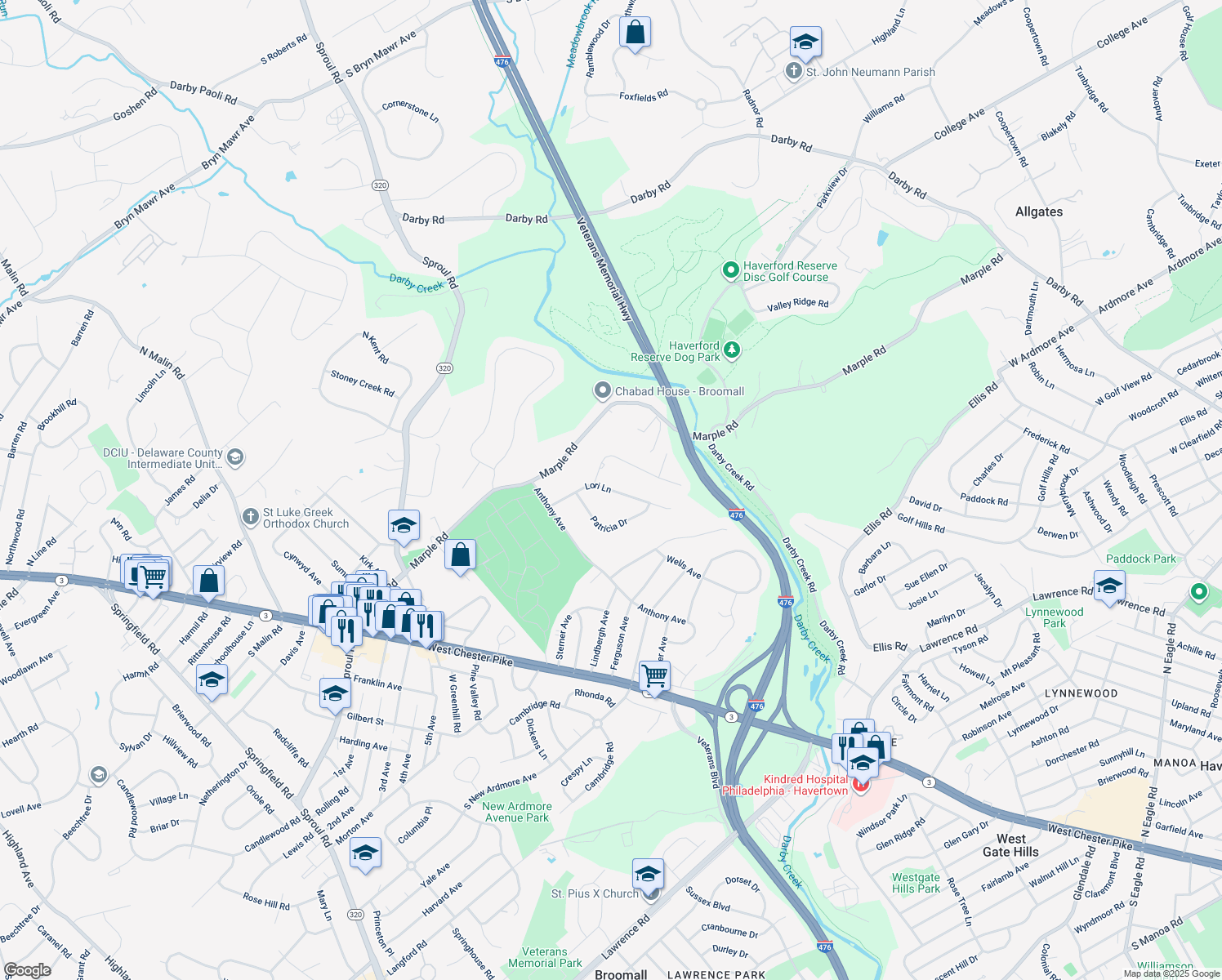 map of restaurants, bars, coffee shops, grocery stores, and more near 122 Lori Ln in Broomall