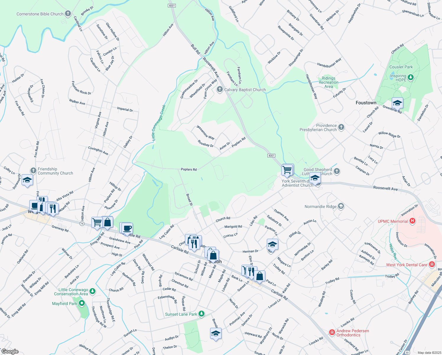 map of restaurants, bars, coffee shops, grocery stores, and more near 2647 Farmstead Way in York