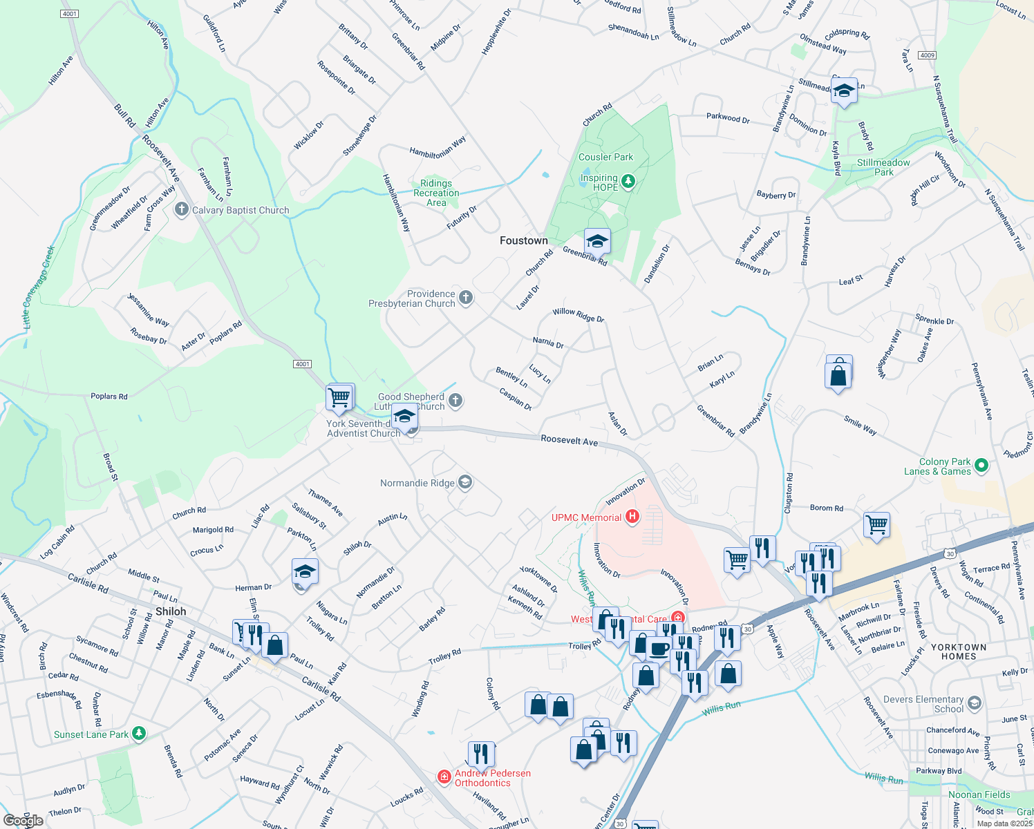 map of restaurants, bars, coffee shops, grocery stores, and more near 10 Claystone Road in York