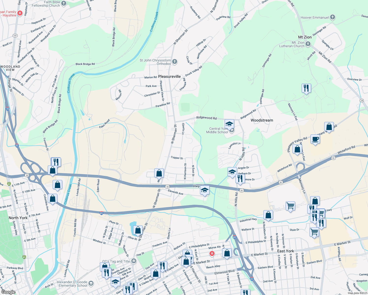 map of restaurants, bars, coffee shops, grocery stores, and more near 1807 Eberts Lane in York