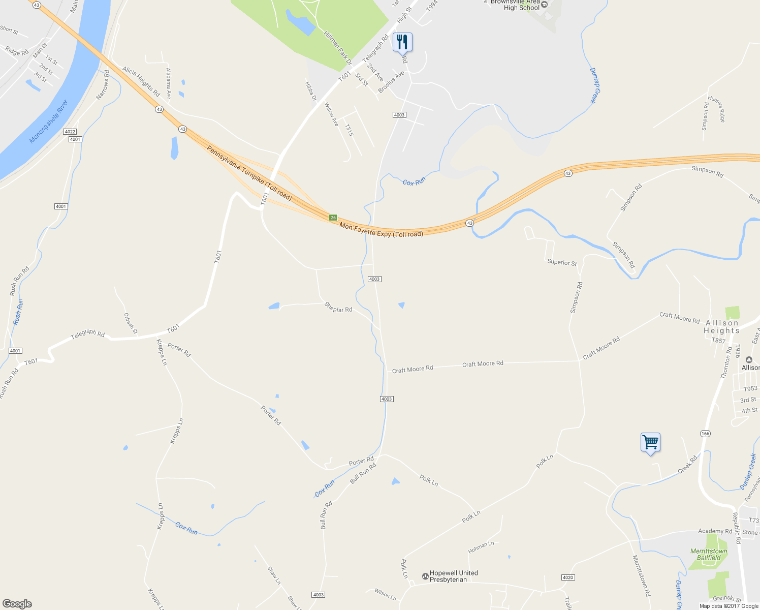 map of restaurants, bars, coffee shops, grocery stores, and more near 525 State Route 4003 in Brownsville