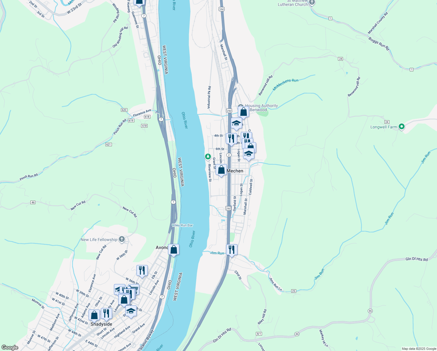 map of restaurants, bars, coffee shops, grocery stores, and more near Sandy Ave in McMechen