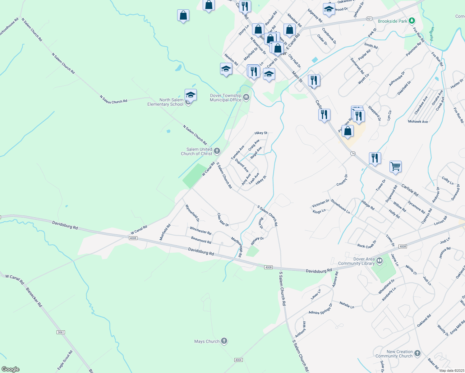 map of restaurants, bars, coffee shops, grocery stores, and more near 4775 Hikey Street in Dover