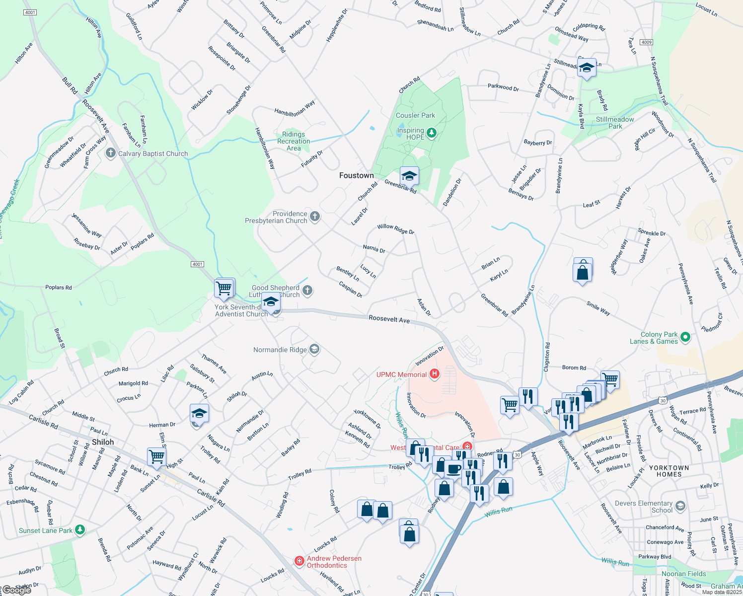 map of restaurants, bars, coffee shops, grocery stores, and more near 1112 Caspian Drive in York