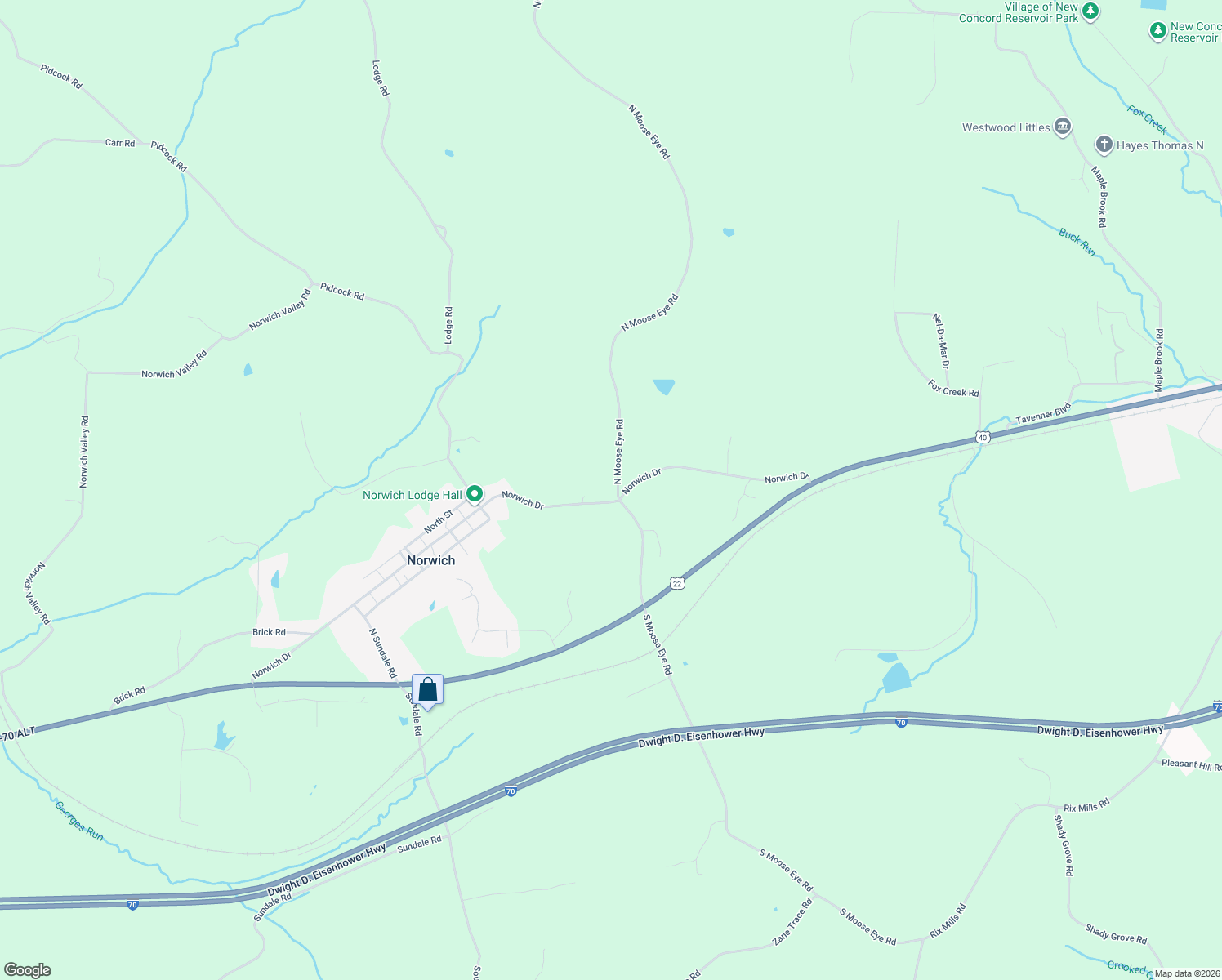 map of restaurants, bars, coffee shops, grocery stores, and more near 385 North Moose Eye Road in Norwich