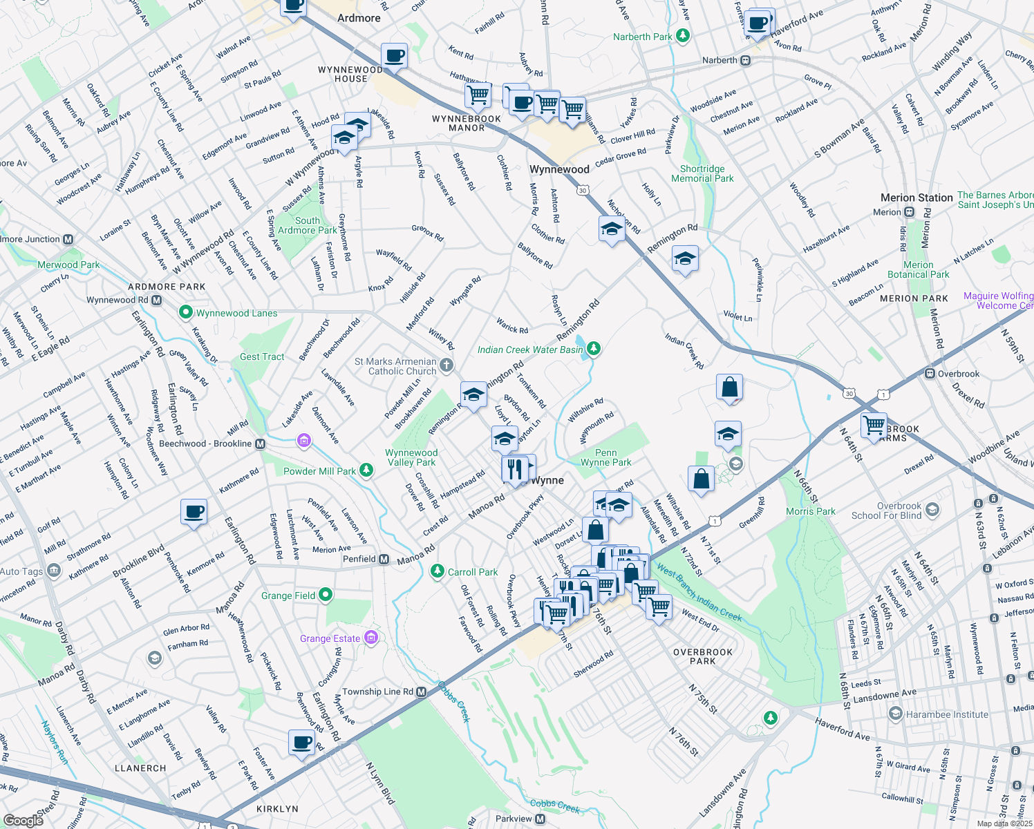 map of restaurants, bars, coffee shops, grocery stores, and more near 230 Brydon Road in Penn Wynne