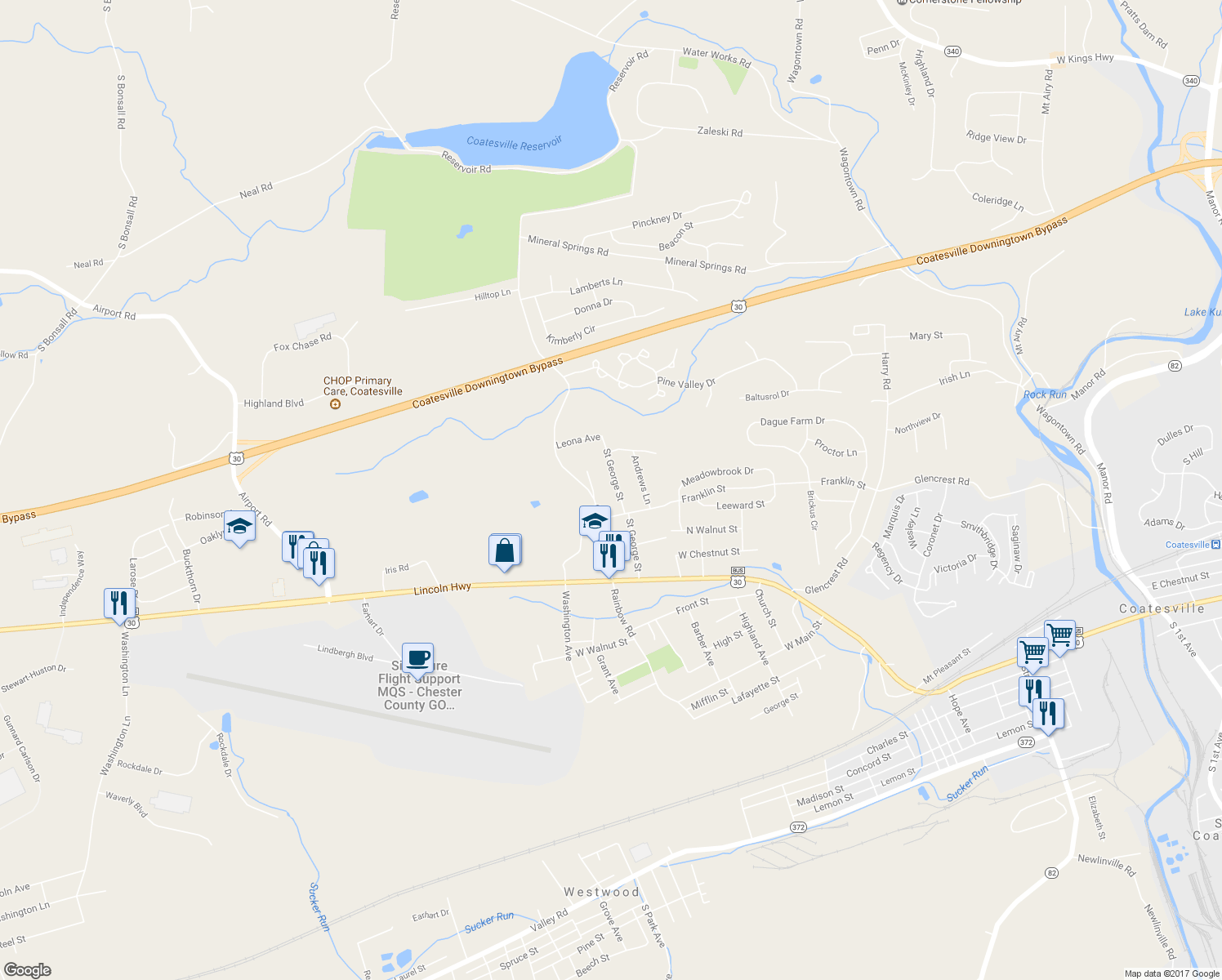 map of restaurants, bars, coffee shops, grocery stores, and more near 160 Saint George Street in Coatesville
