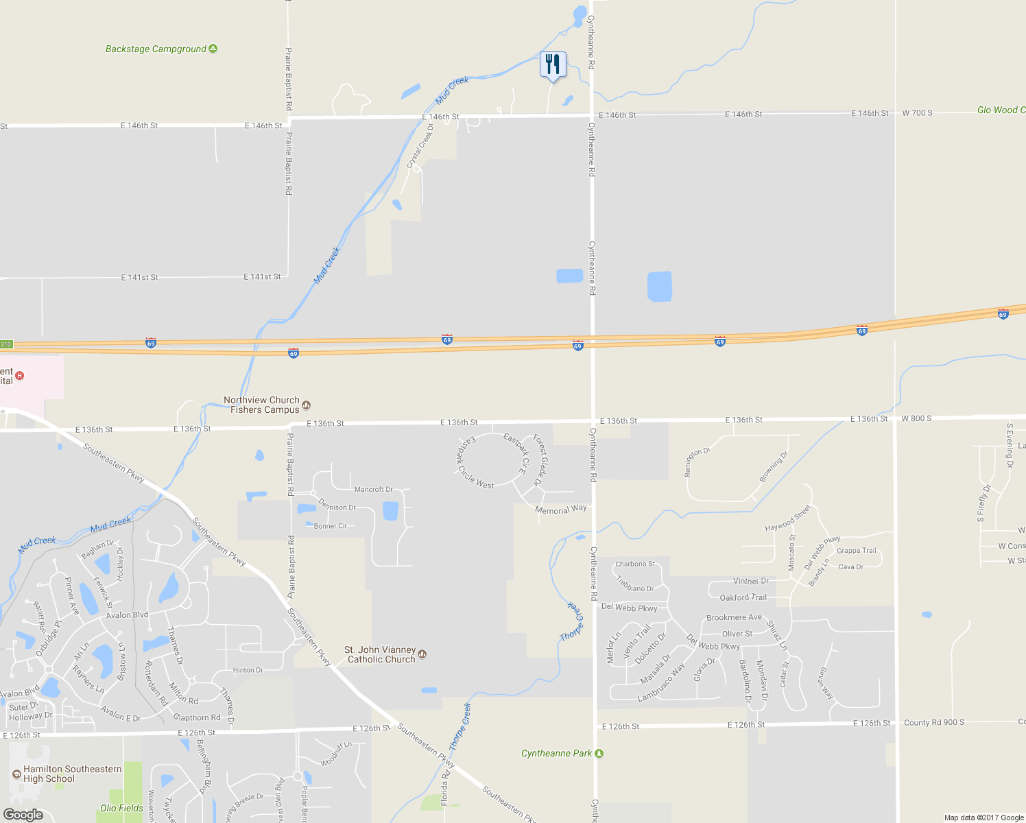 map of restaurants, bars, coffee shops, grocery stores, and more near 15538 East 136th Street in Fishers