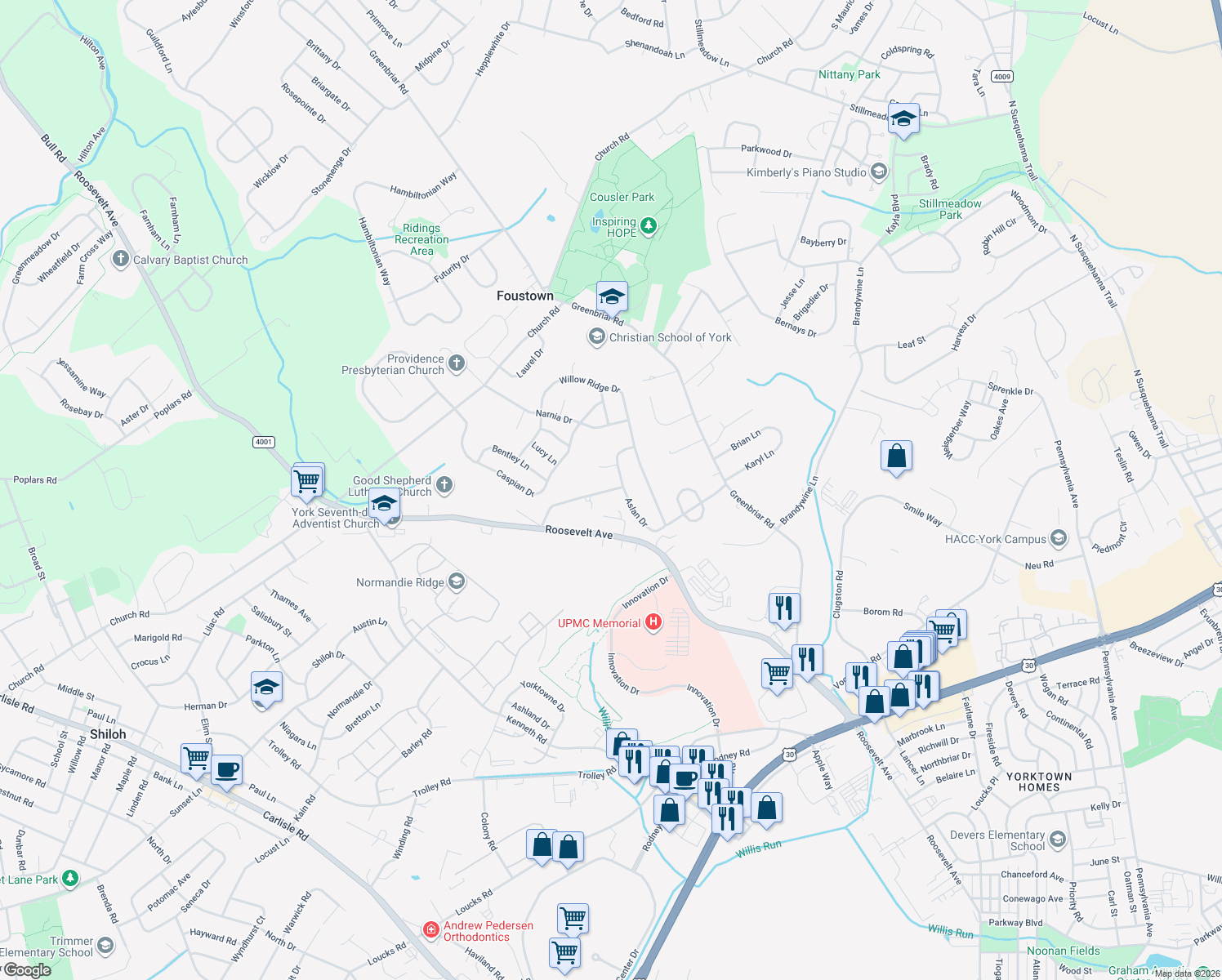 map of restaurants, bars, coffee shops, grocery stores, and more near 25 Claystone Road in York