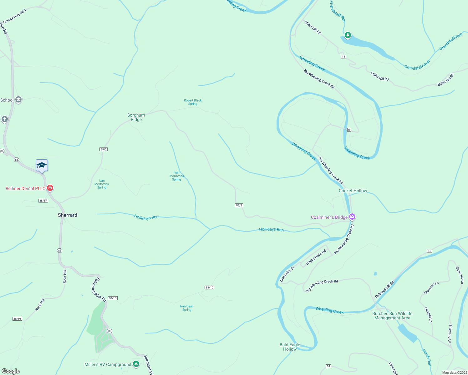 map of restaurants, bars, coffee shops, grocery stores, and more near Black Hill in Wheeling