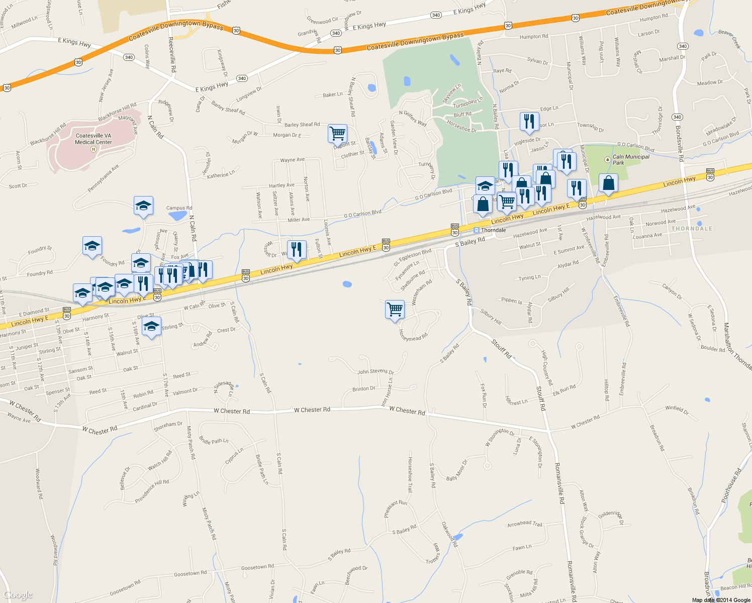 map of restaurants, bars, coffee shops, grocery stores, and more near 2945 Avebury Stone Circle in Downingtown