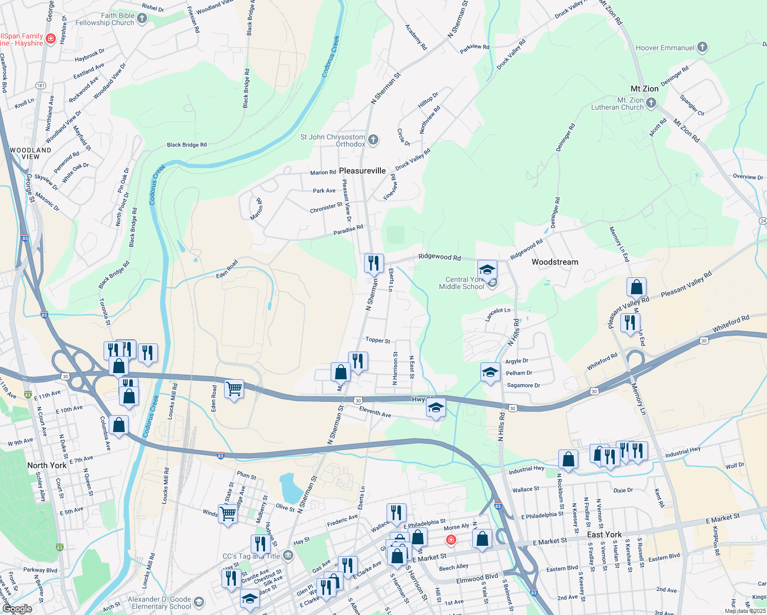 map of restaurants, bars, coffee shops, grocery stores, and more near 1812 Eberts Lane in York