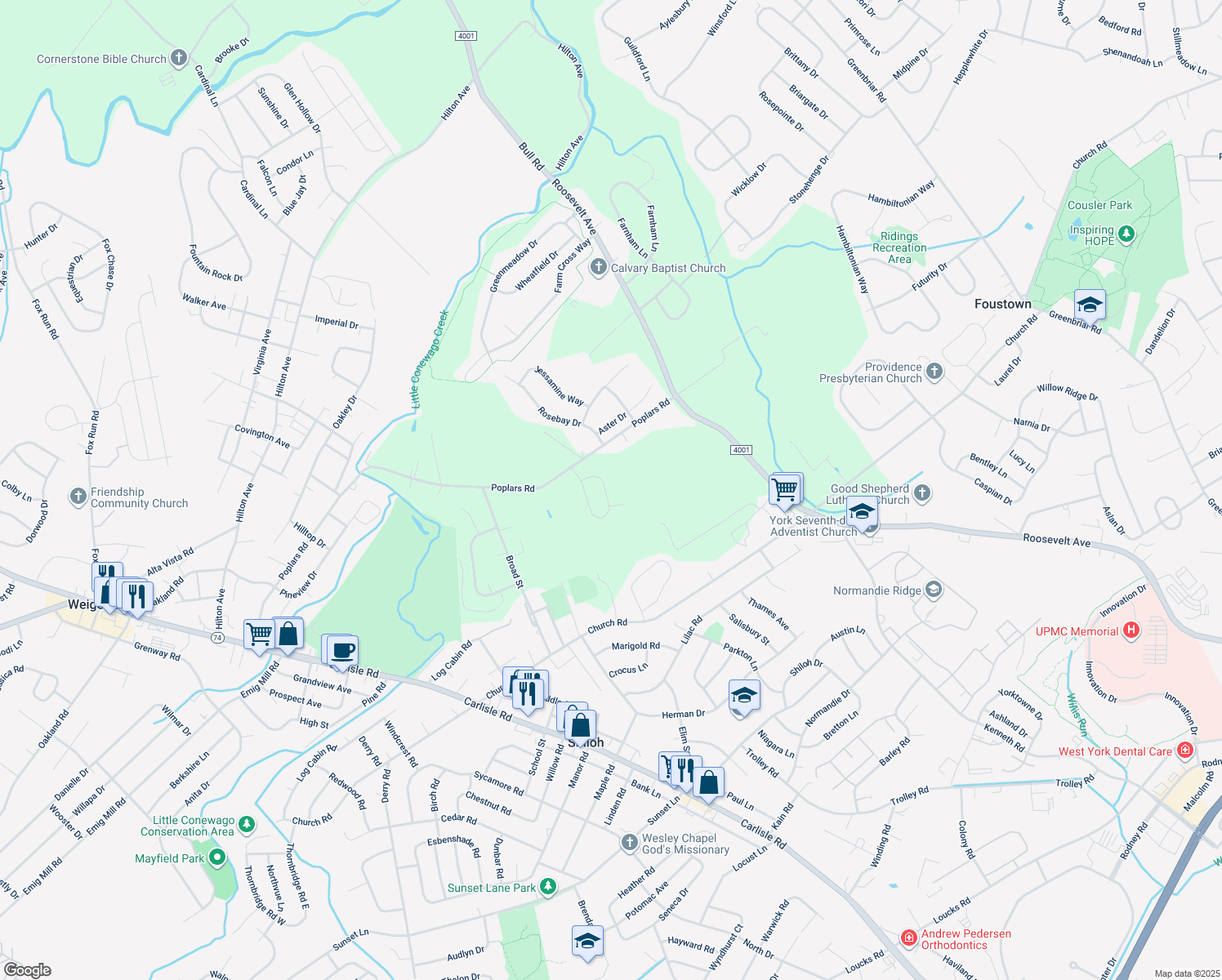 map of restaurants, bars, coffee shops, grocery stores, and more near 2644 Farmstead Way in York