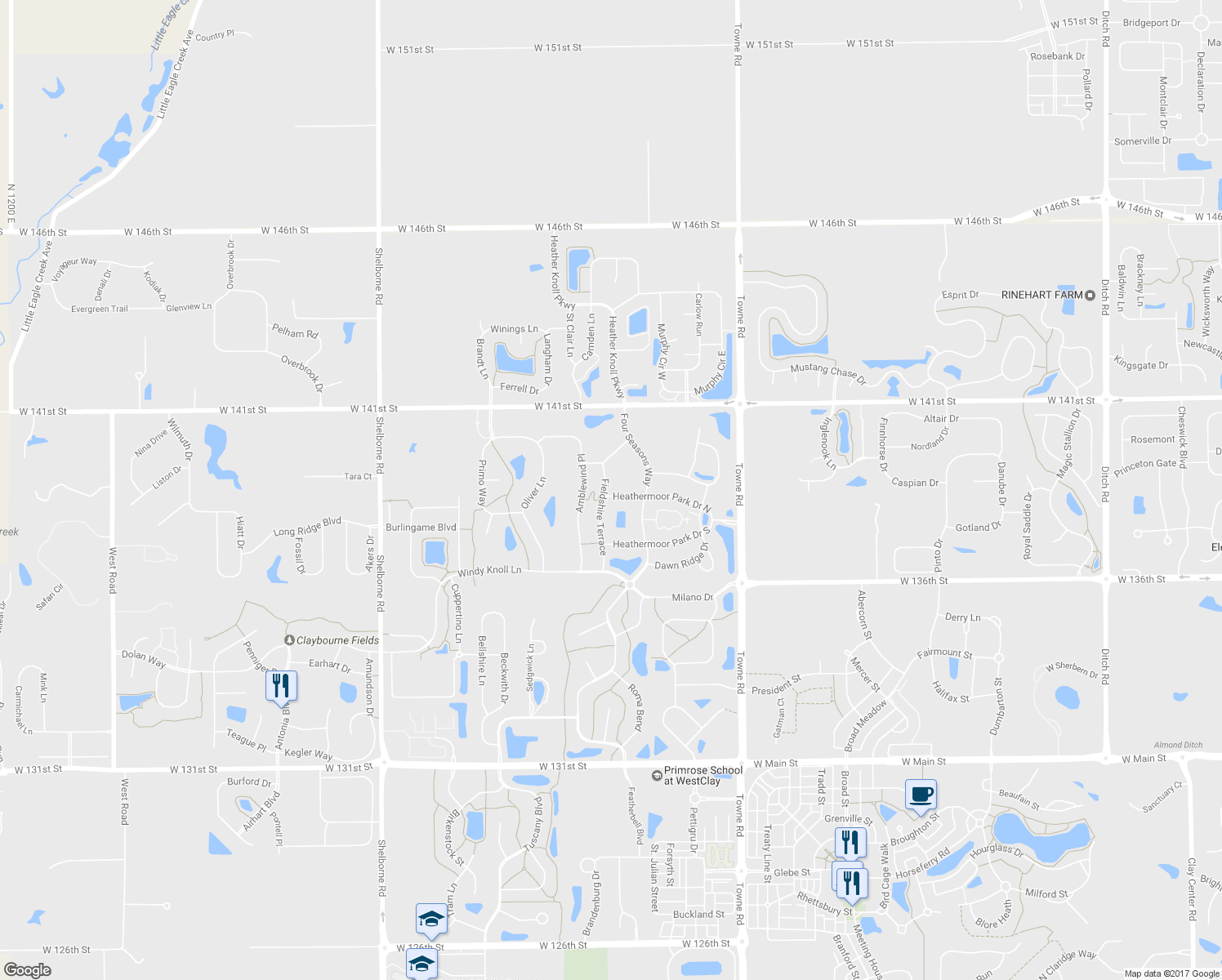 map of restaurants, bars, coffee shops, grocery stores, and more near 13855 Fieldshire Terrace in Westfield