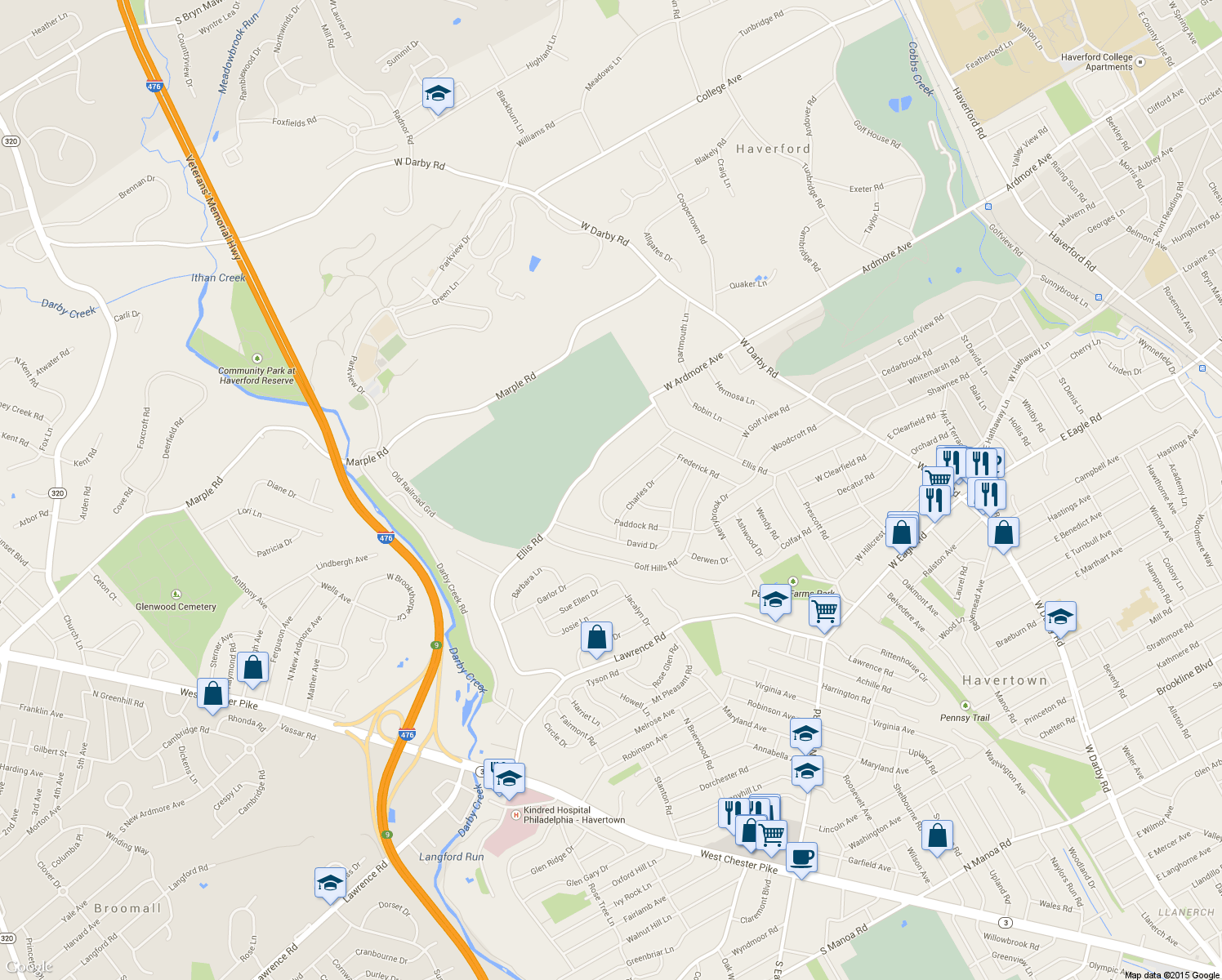 map of restaurants, bars, coffee shops, grocery stores, and more near 628 Paddock Road in Havertown