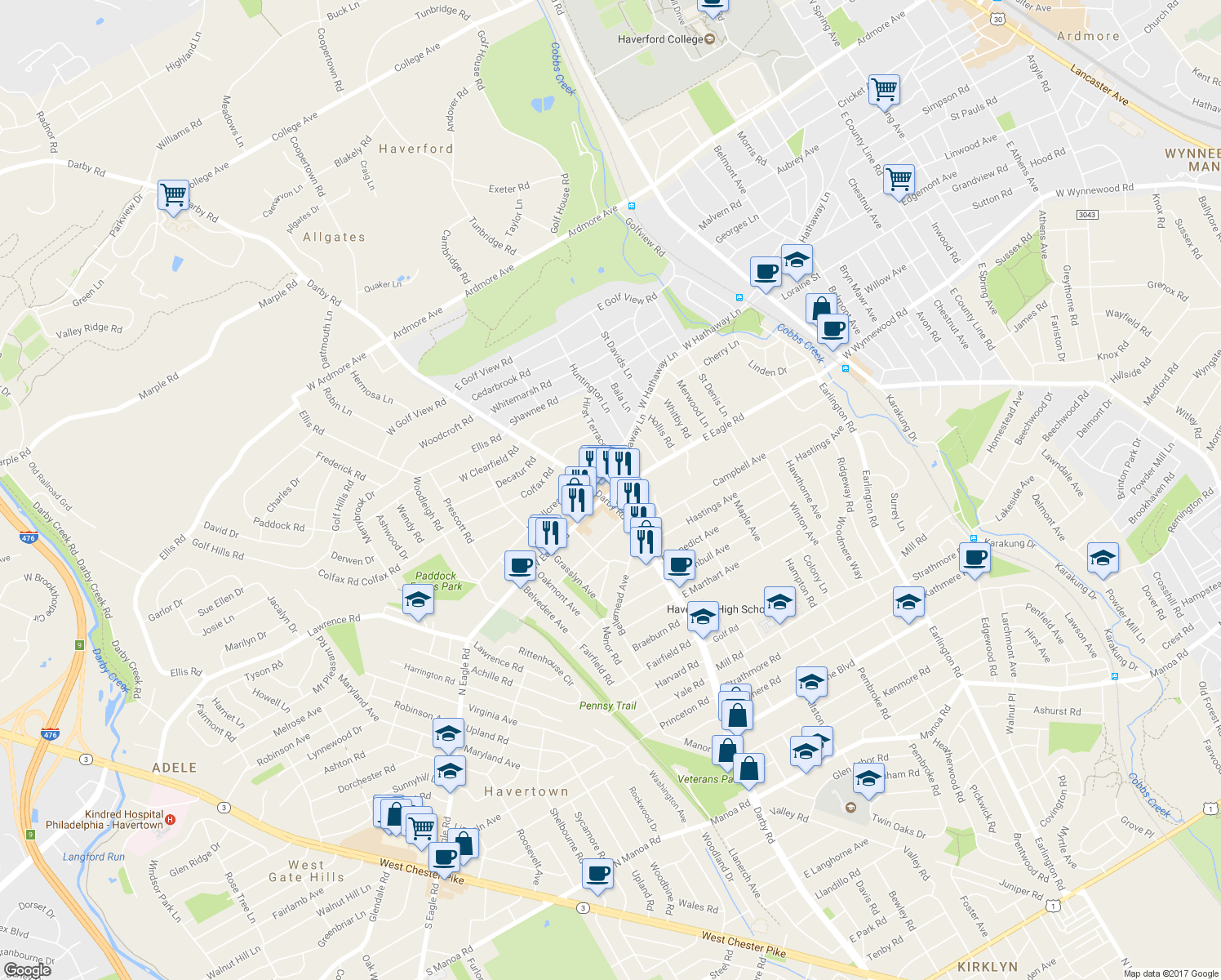 map of restaurants, bars, coffee shops, grocery stores, and more near 18 East Eagle Road in Havertown