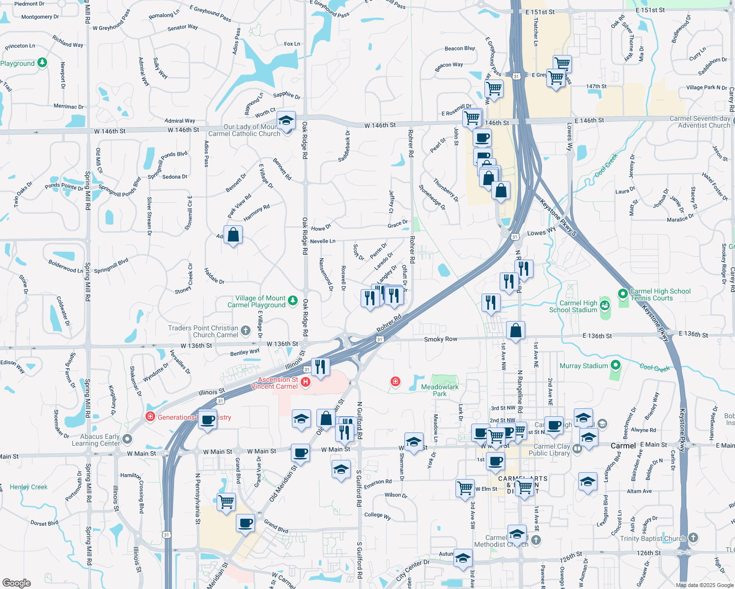 map of restaurants, bars, coffee shops, grocery stores, and more near 13707 Eglin Drive in Carmel