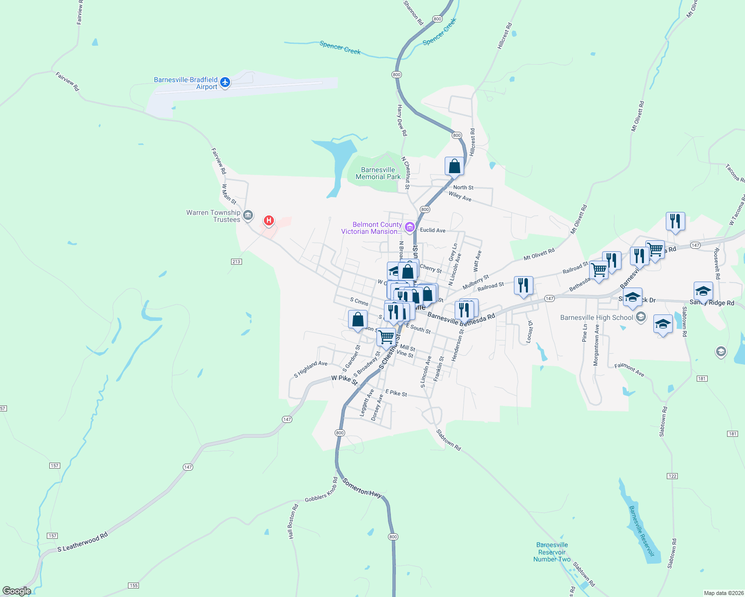 map of restaurants, bars, coffee shops, grocery stores, and more near 299 W Main St in Barnesville