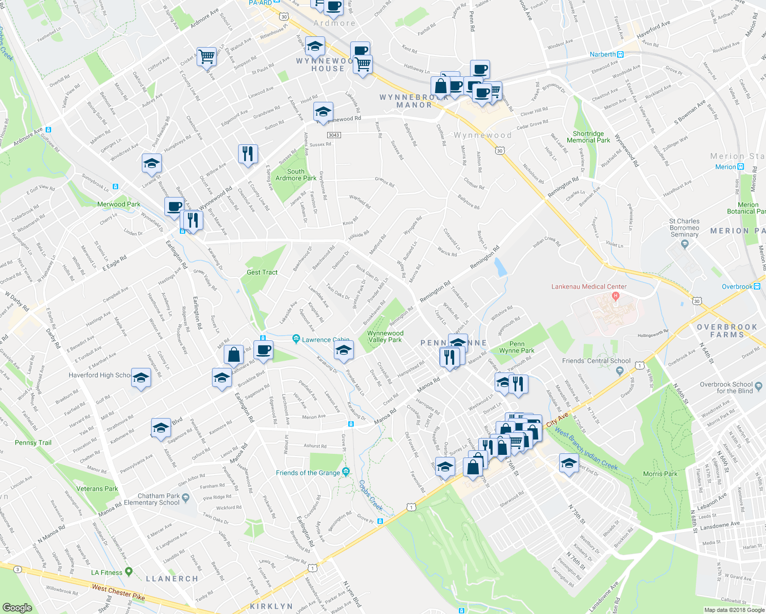 map of restaurants, bars, coffee shops, grocery stores, and more near 1528 Brookhaven Road in Wynnewood