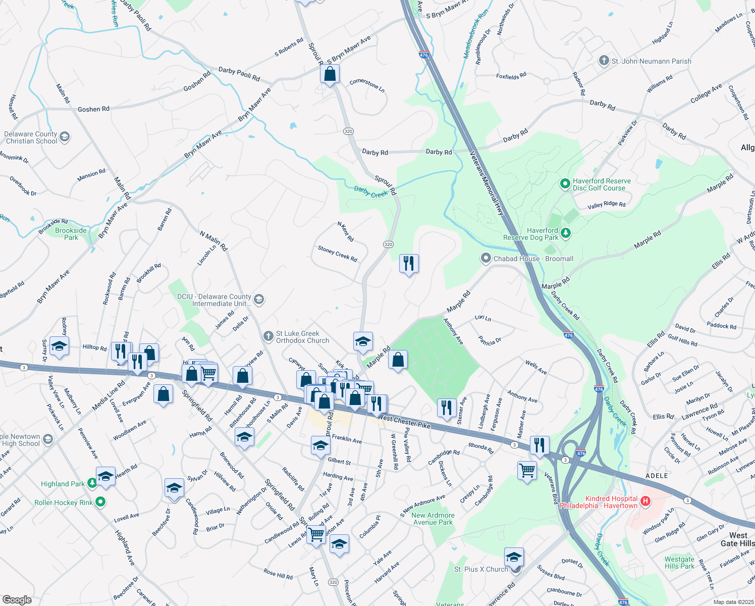 map of restaurants, bars, coffee shops, grocery stores, and more near 230 Arden Road in Broomall